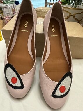 Fendi Pink Leather Eye Patch Ballet Flats with Black & Red Detail